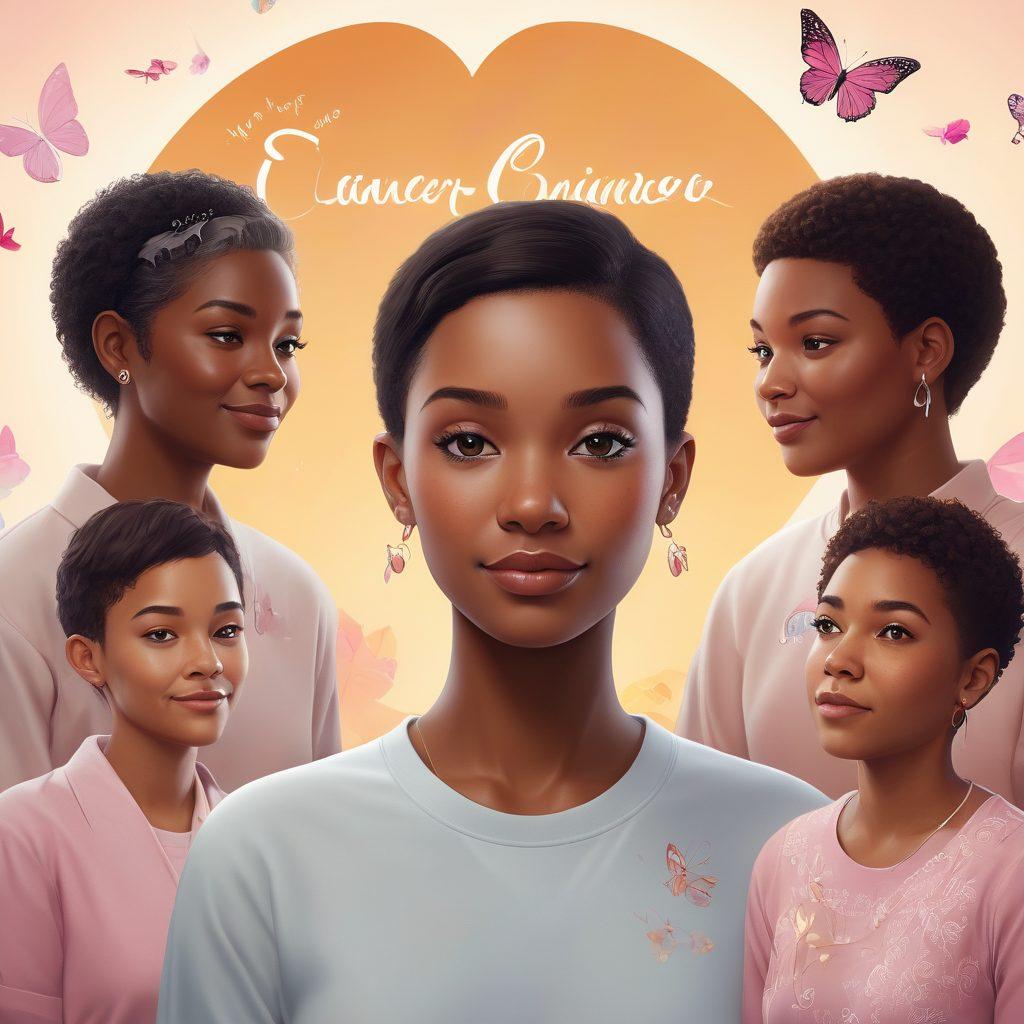 A virtual gathering of diverse individuals, each sharing stories and support related to cancer awareness, surrounded by symbols of hope like ribbons and butterflies. The setting features a calming digital environment with soft colors and warm lighting, representing emotional well-being and community. Include elements like chat bubbles and virtual hearts to signify connection and support. super-realistic. vibrant colors. warm tones.