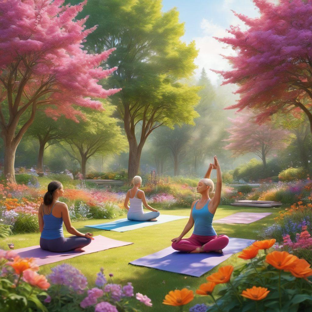 A serene landscape featuring a diverse group of people engaging in holistic practices like yoga, meditation, and nature therapy, surrounded by vibrant flowers and trees. In the background, a supportive community gathering symbolizes unity and strength in the journey of cancer care. Soft, uplifting colors create an optimistic atmosphere, reflecting empowerment and resilience. super-realistic. vibrant colors. peaceful surroundings.